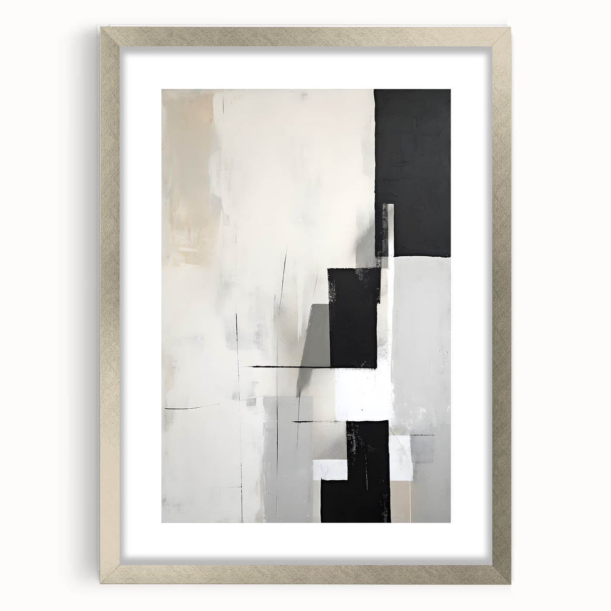Abstract minimalist wall art framed in silver with a mat, showcasing a modern design. Ideal for contemporary decor, enhancing living spaces with elegance.