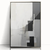 Framed abstract minimalist wall art in silver acrylic, showcasing geometric shapes and soft tones, perfect for modern home decor or office aesthetic.