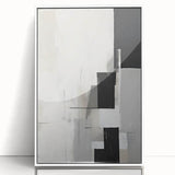 Framed abstract minimalist wall art in an elegant white frame, showcasing a geometric design with soft pastel colors, ideal for modern home decor.