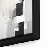 Abstract minimalist wall art featuring soft pastel colors and geometric shapes, framed in a sleek black frame, ideal for modern home decor or office spaces.