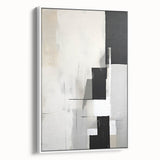 Framed minimalist abstract wall art in a sleek white design, showcasing soft geometric shapes and subtle color gradients, ideal for modern home decor.