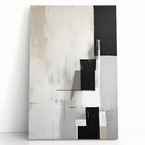 Abstract minimalist wall art on stretched canvas, featuring soft pastel colors and geometric shapes, leaning against a neutral wall, ideal for modern decor.