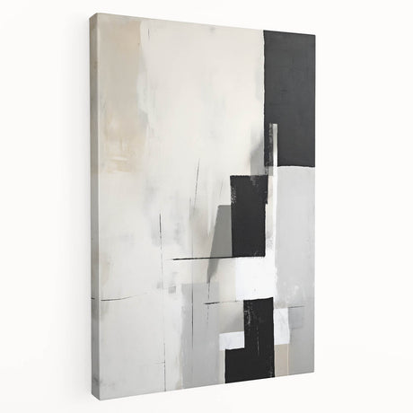 Stretched canvas wall art showcasing a minimalist abstract design in soft earth tones, displayed from the side to highlight its depth and texture, perfect for modern decor.