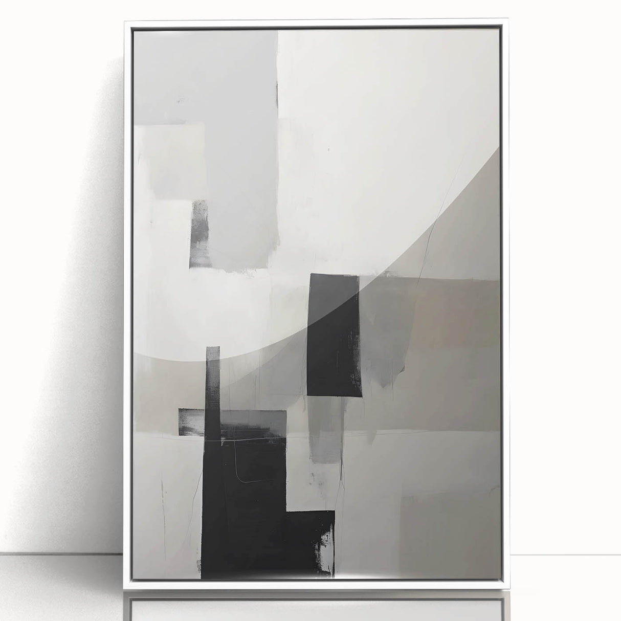Framed abstract minimalist wall art featuring soft beige and white tones, elegantly displayed in a sleek acrylic frame, ideal for contemporary home decor.