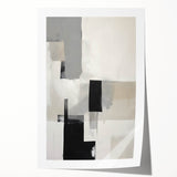 Abstract minimalist wall art print in neutral tones, showcasing fluid shapes and lines, rolled and packaged in a protective cardboard tube for safe delivery.