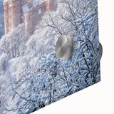 Close-up of an acrylic glass artwork depicting a vibrant landscape with a majestic castle, showcasing rich colors and intricate details, perfect for home decor.