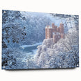 Acrylic glass artwork displaying a detailed castle landscape design, showcased from the side view with decorative pins, ideal for home décor or gallery display.