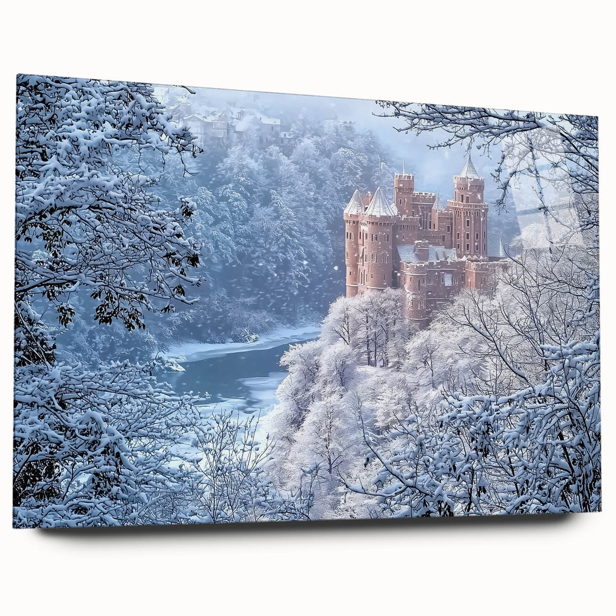 Side view of an acrylic glass landscape artwork depicting a majestic castle surrounded by lush greenery, showcasing vibrant colors and intricate details. Ideal for enhancing home decor with a touch of elegance and charm.