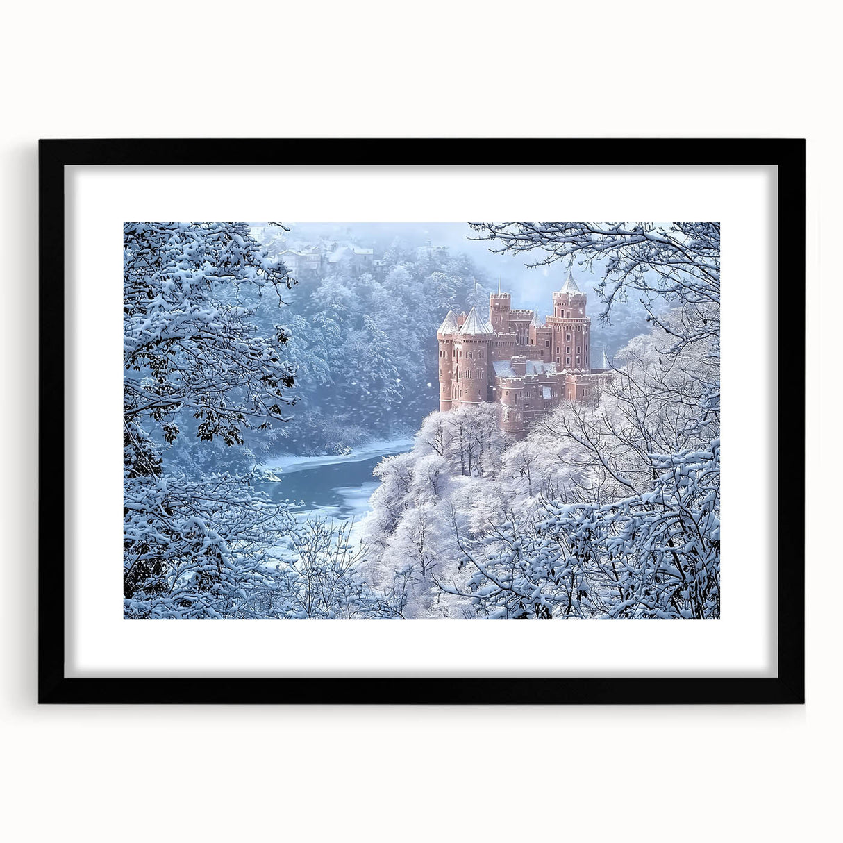 Elegant black-framed landscape artwork depicting a majestic castle surrounded by serene nature, featuring a white mat for a refined presentation, ideal for home decor.