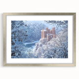 Elegant silver-framed landscape artwork depicting a serene castle setting, featuring a mat for added depth, perfect for enhancing home decor.