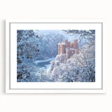 Elegant landscape artwork showcasing a majestic castle surrounded by lush greenery, framed with a white mat. Ideal for enhancing home décor with a touch of sophistication.