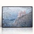 Framed acrylic artwork of a majestic castle landscape, featuring vibrant colors and intricate details, presented in a sleek black frame for elegant display.