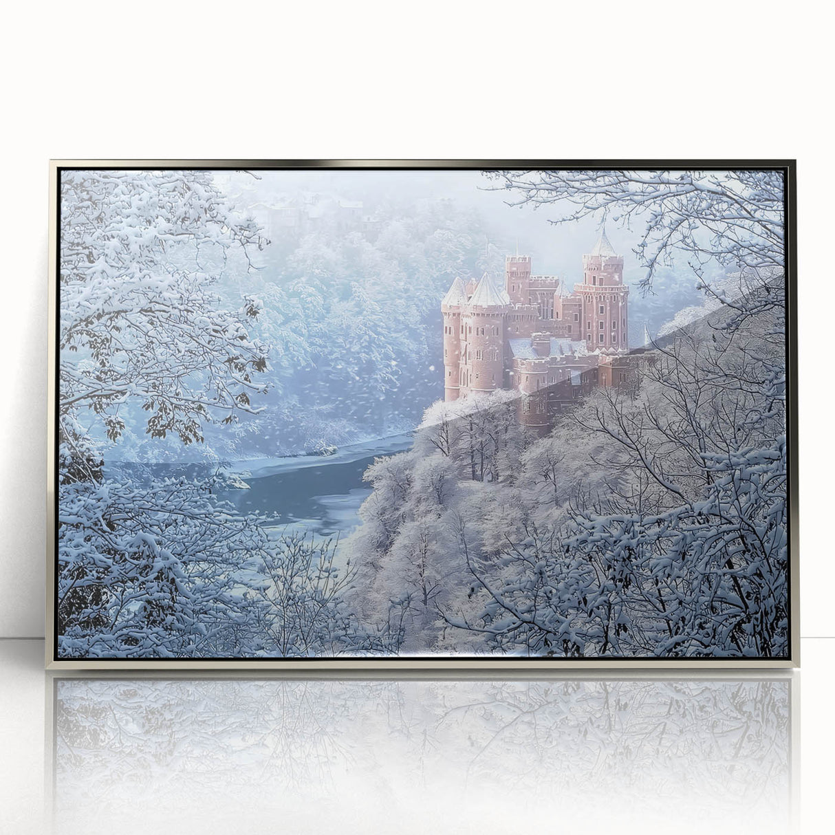 Framed acrylic artwork showcasing a picturesque landscape with a medieval castle, presented in a sleek silver frame, perfect for home decor enhancement.