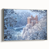 Framed canvas artwork showcasing a stunning landscape with a medieval castle, elegantly presented with a silver side view, perfect for enhancing home decor.
