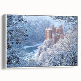 Framed canvas artwork showcasing a picturesque landscape with a castle, highlighted by a white frame and viewed from the side, perfect for home decor.