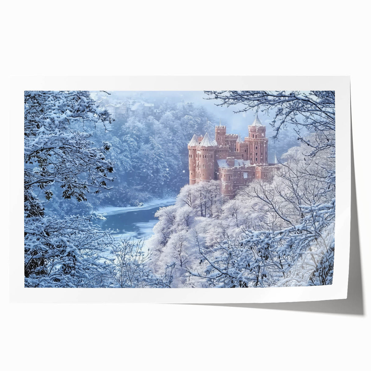 Rolled print showcasing a vibrant landscape of a majestic castle surrounded by lush greenery, elegantly packaged in a protective cardboard tube for easy display.