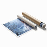 Rolled print showcasing a vibrant landscape featuring a majestic castle surrounded by lush greenery and a clear blue sky, designed for wall decor.