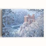 Stretched canvas artwork showcasing a picturesque landscape with a majestic castle surrounded by lush greenery and a vivid blue sky, perfect for home decor.