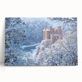Stretched canvas artwork depicting a scenic landscape with a majestic castle surrounded by lush greenery, designed to enhance home decor with a tranquil vibe.