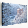 Stretched canvas artwork showcasing a scenic landscape with a majestic castle, featuring vibrant colors and intricate details, ideal for home decor.