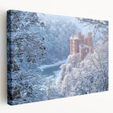 Stretched canvas artwork showcasing a scenic landscape with a majestic castle, featuring vibrant colors and intricate details, ideal for home decor.
