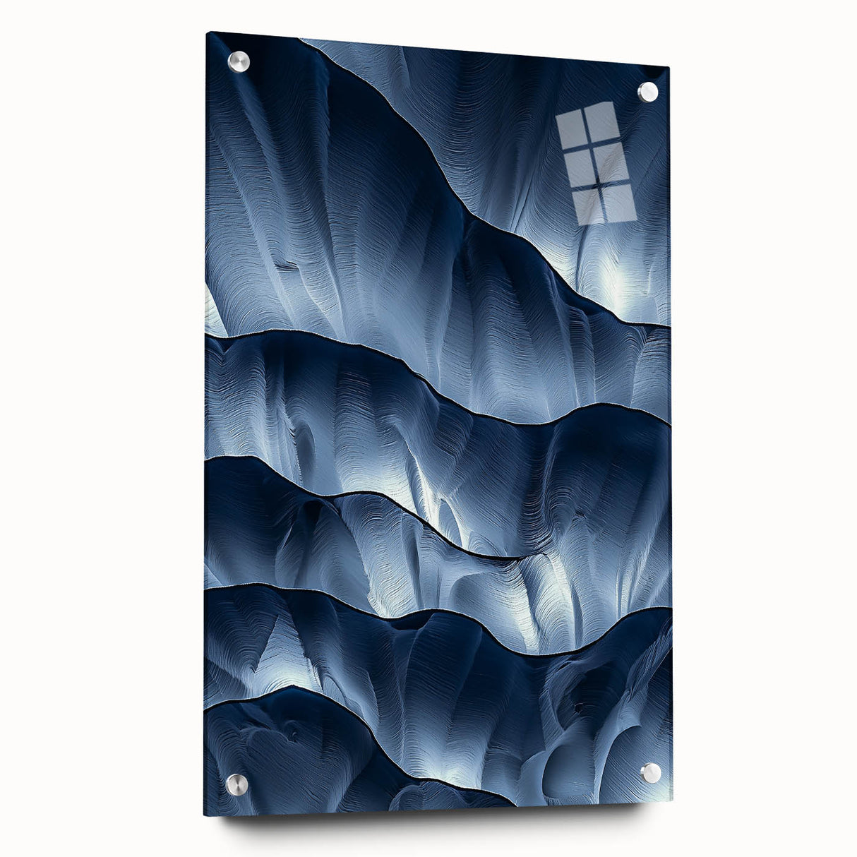 Acrylic glass artwork depicting a side view of colorful landscapes and caves, showcasing intricate details and vibrant hues, perfect for enhancing modern decor.