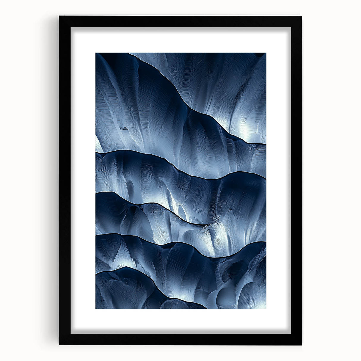 Framed black landscape cave artwork with a white mat, showcasing intricate details and textures, perfect for modern home decor or art enthusiasts.