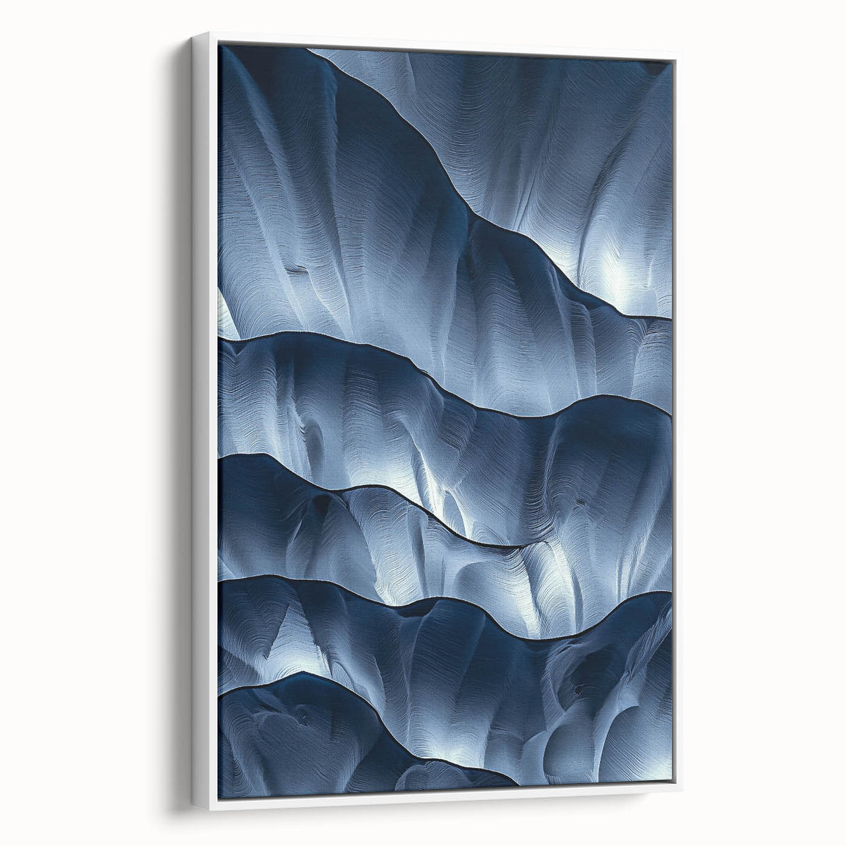 Framed canvas artwork showcasing a stunning cave landscape in vibrant colors, elegantly displayed with a white border, perfect for enhancing home decor aesthetics.