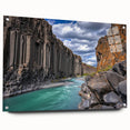 Acrylic landscape artwork depicting majestic cliffs in vibrant colors, displayed in a side view with decorative pins, ideal for modern home decor.