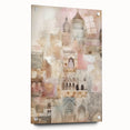 Abstract architecture wall art displayed as a side view acrylic glass piece, featuring geometric designs and vibrant colors, secured with decorative pins for a modern aesthetic.