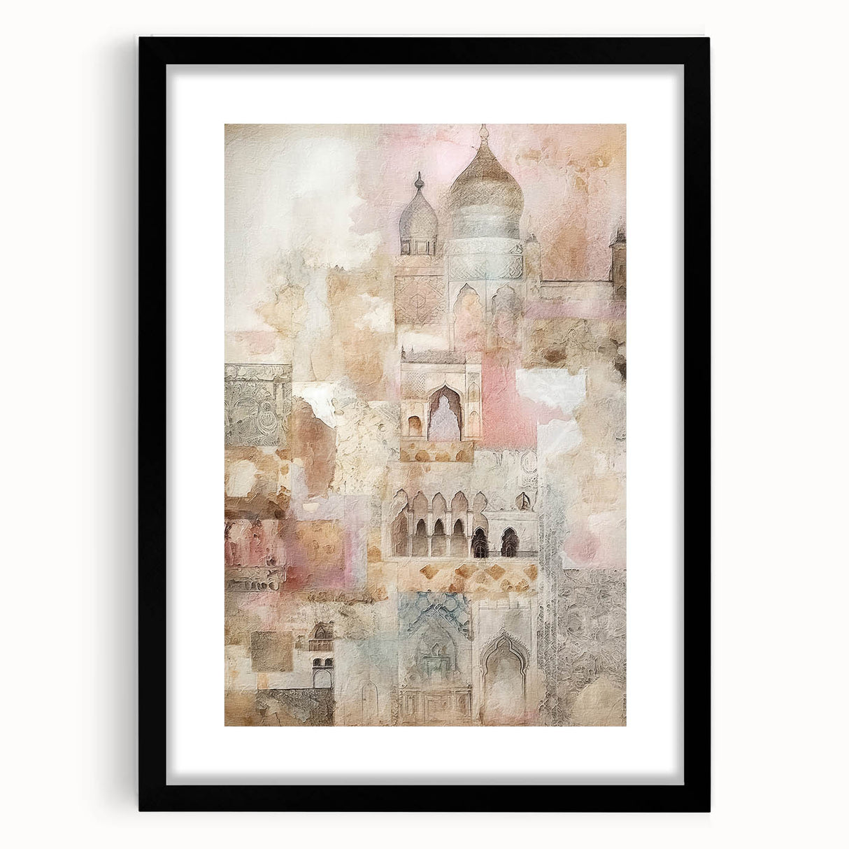 Abstract architecture wall art framed in black with a mat, showcasing geometric shapes and modern design elements, perfect for contemporary home decor.