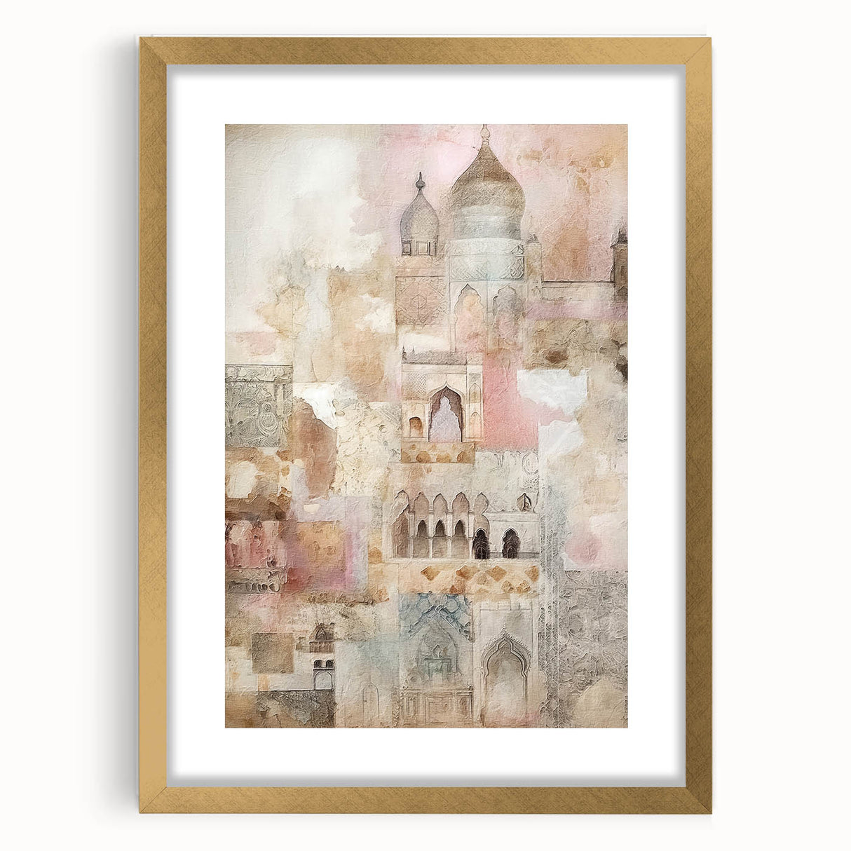 Abstract architectural wall art featuring a gold-framed design, showcasing geometric patterns and a luxurious mat finish, perfect for modern home decor.