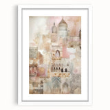 Abstract architectural wall art in a white frame with matting, showcasing geometric shapes and soft colors, perfect for modern home decor.