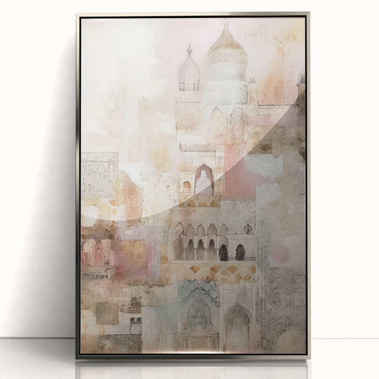 Framed acrylic wall art showcasing an abstract architectural design in silver tones, ideal for modern home decor. Adds a sophisticated touch to interiors.