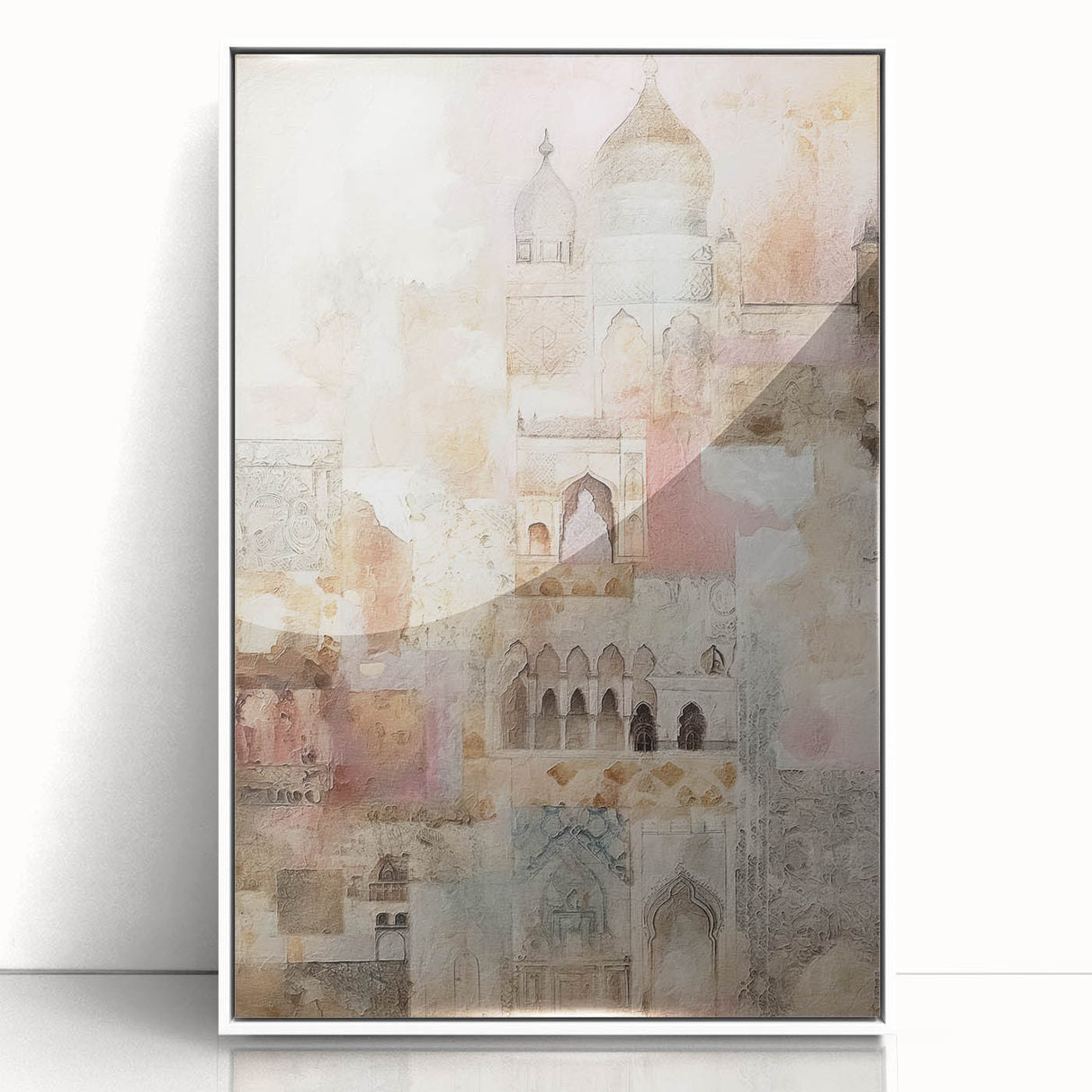 Framed abstract architecture wall art showcasing geometric patterns in white and blue. The acrylic front provides a sleek, modern look, ideal for contemporary decor.