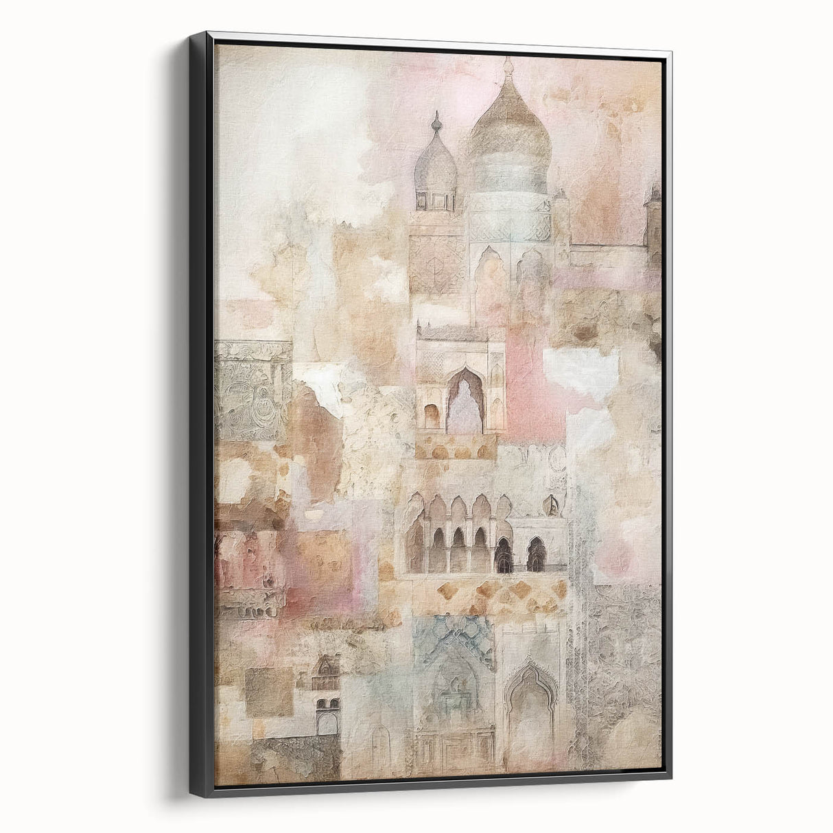 Framed abstract architecture wall art in black, showcasing sleek lines and unique geometric patterns, ideal for modern home decor, side view display.