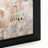 Close-up of a framed abstract architecture wall art piece showcasing intricate geometric patterns in vibrant colors, perfect for modern home decor.