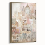 Framed canvas wall art showcasing an abstract architectural design with gold accents, displayed in a stylish setting that enhances modern decor aesthetics.