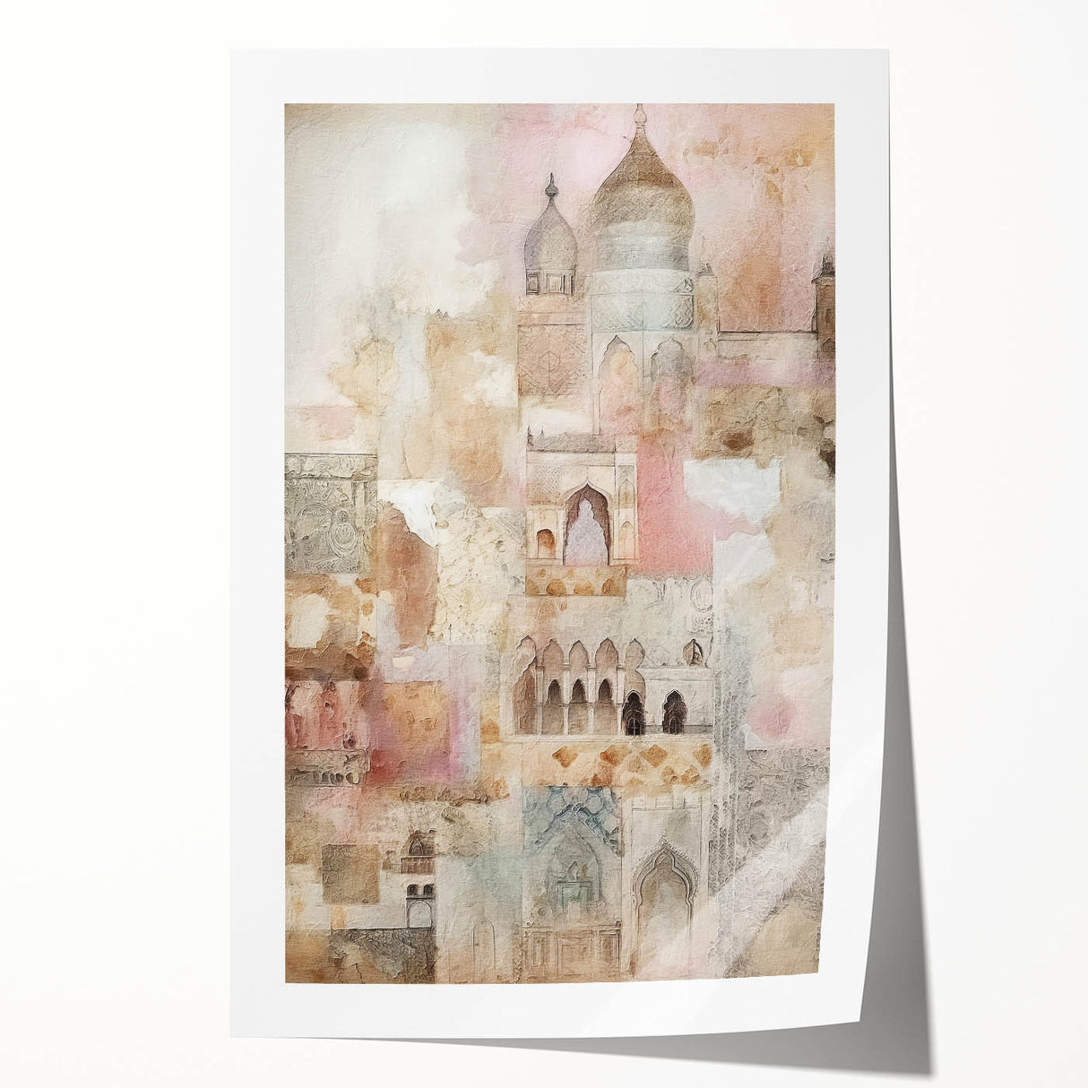 Abstract architectural wall art print showcasing geometric shapes in vibrant blue and orange tones, rolled and ready for framing or display. Ideal for modern decor enthusiasts.