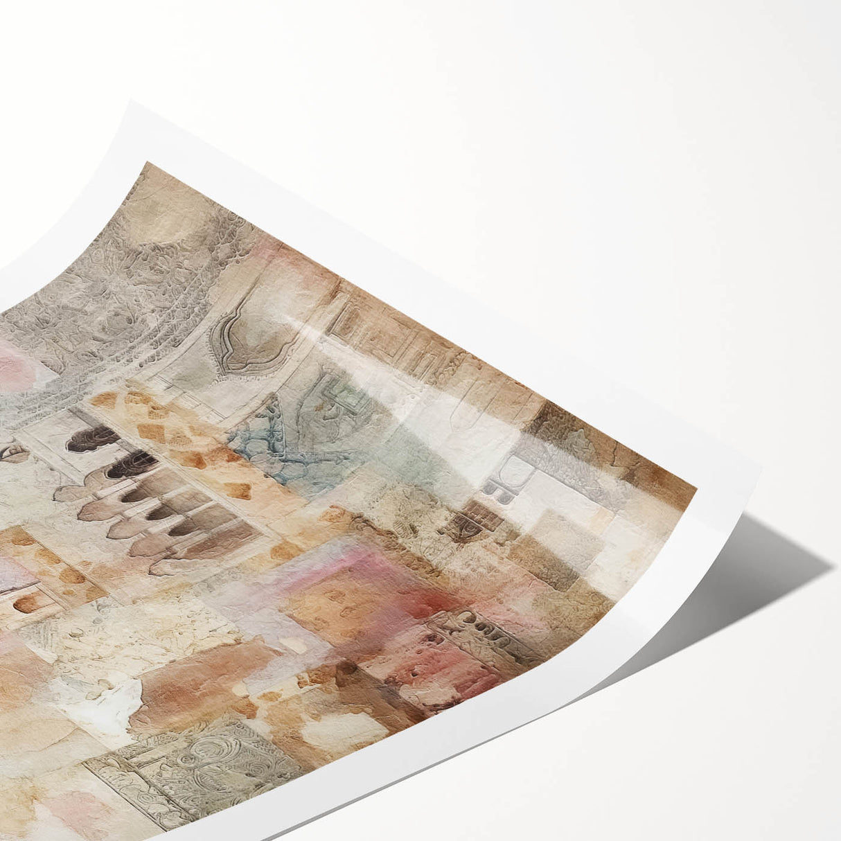 Abstract architectural wall art print showcasing geometric shapes in muted tones of blue, gray, and beige, elegantly rolled and ready for display.
