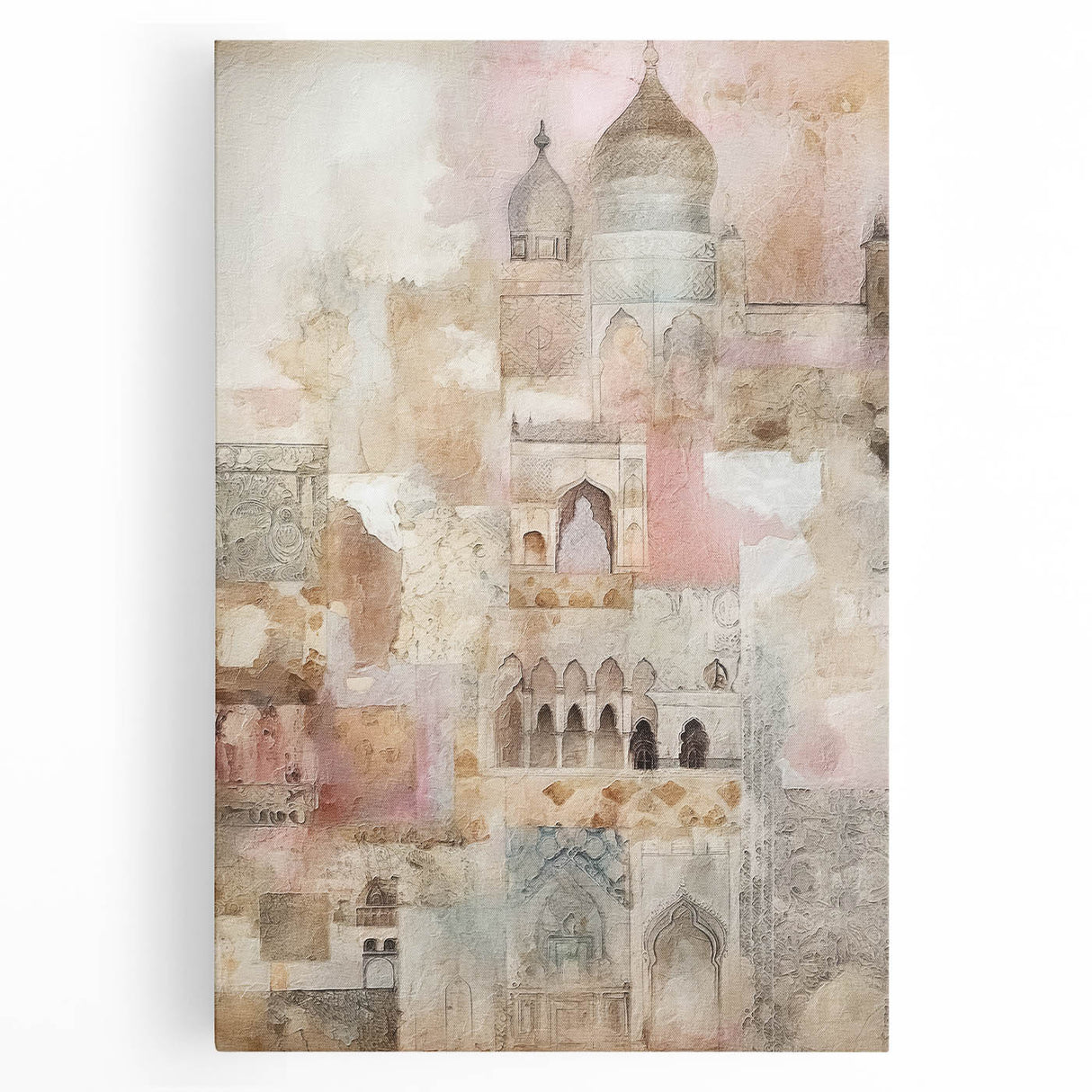 Abstract architecture wall art on stretched canvas, showcasing geometric shapes in vibrant colors, perfect for modern decor. Ideal for adding a contemporary touch to any living space.