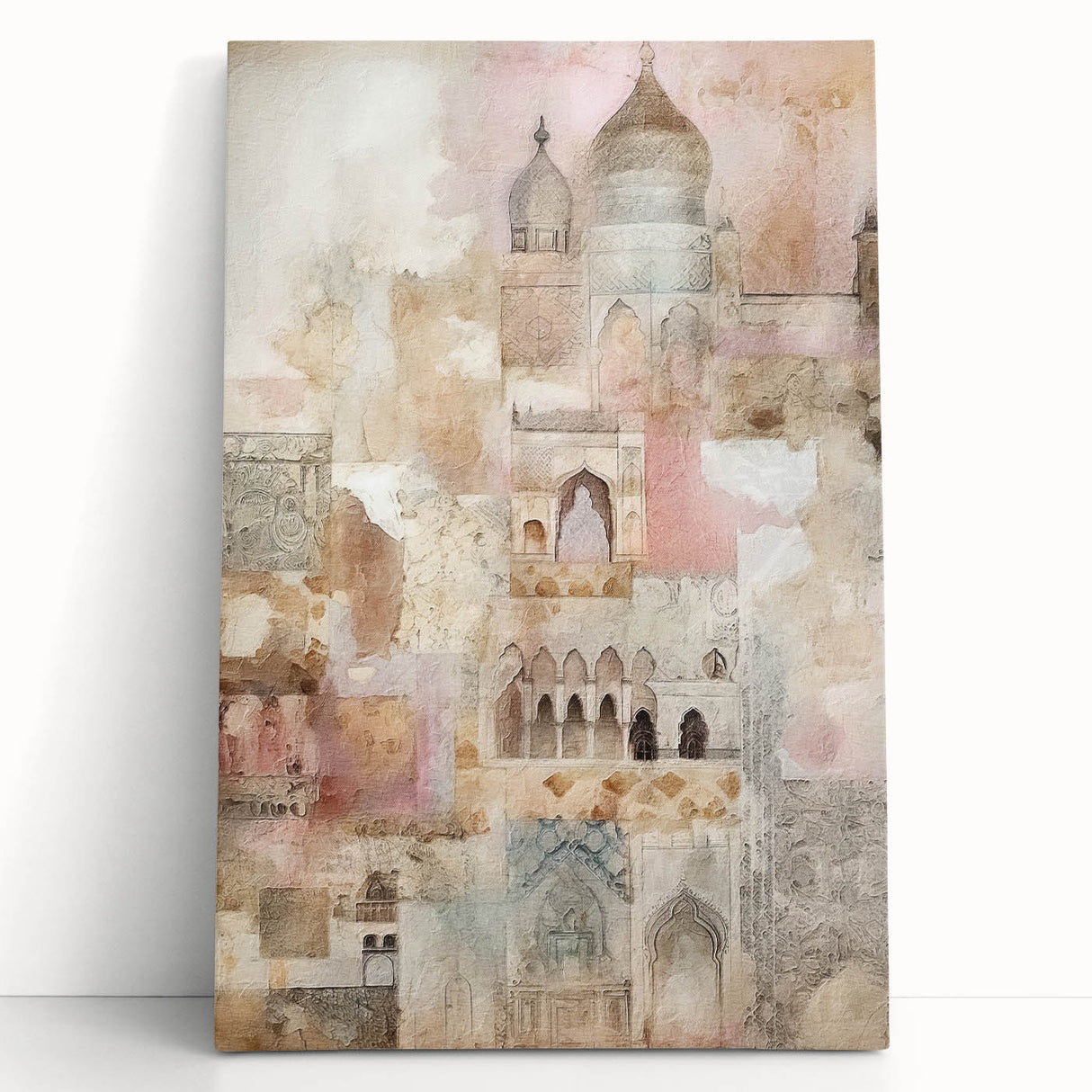 Abstract architecture wall art on stretched canvas, showcasing vibrant geometric patterns in shades of blue, orange, and yellow, perfect for modern home decor.