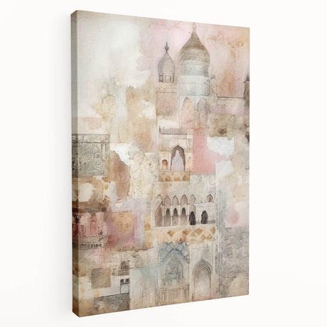 Abstract architectural wall art on stretched canvas, showcasing geometric shapes in muted tones of gray and beige, ideal for modern home decor.
