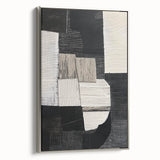 Framed canvas artwork showcasing an abstract geometric design in silver tones, displayed at a side angle to highlight its modern aesthetic and texture, perfect for contemporary home decor.