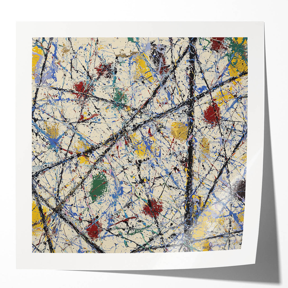 Abstract design featuring colorful splatters on a glossy canvas print mockup, showcasing vibrant hues of blue, yellow, and red, ideal for modern art decor.