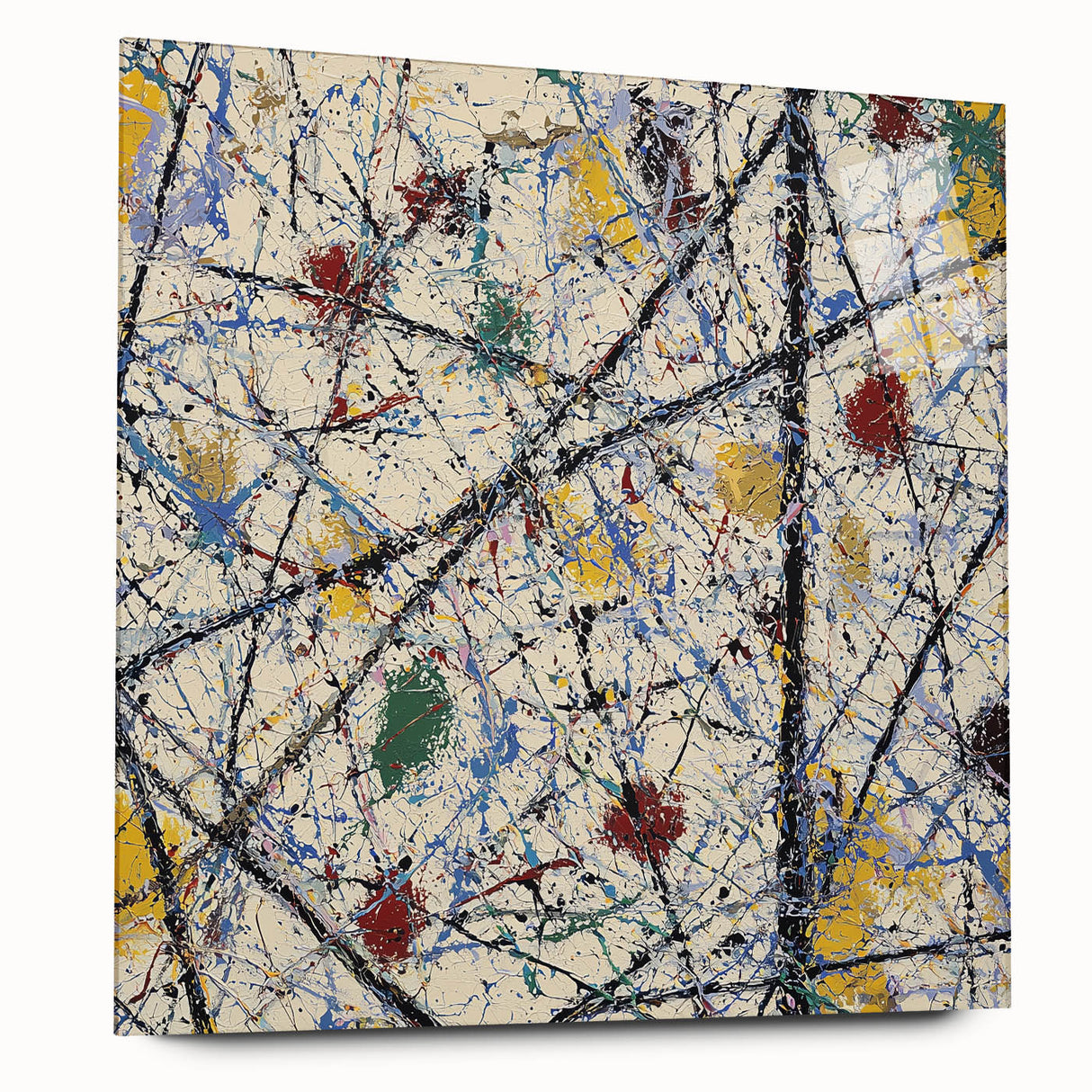 Abstract acrylic glass artwork showcasing vibrant splatter patterns in a side view, designed for modern decor. Perfect for enhancing living spaces with color and creativity.