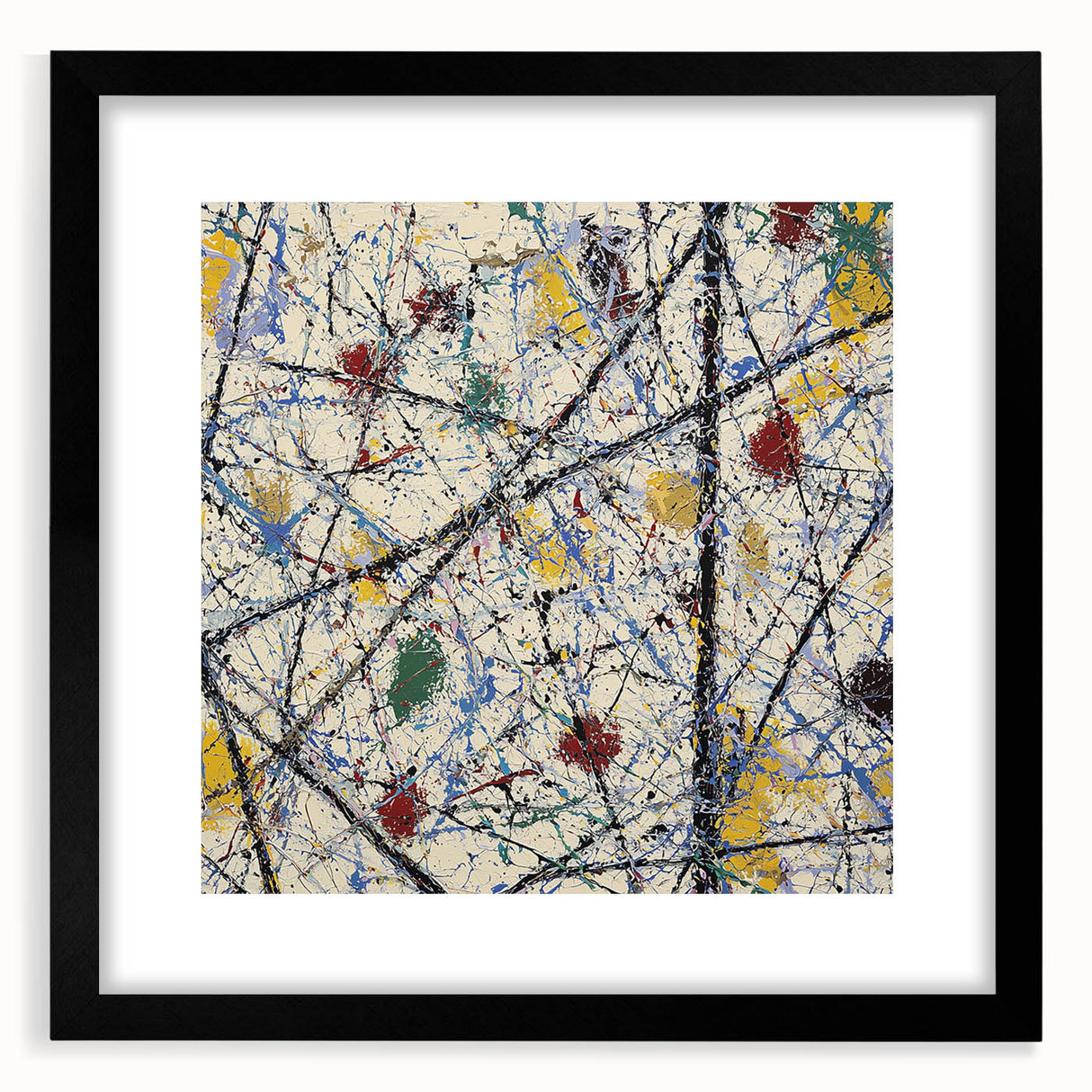 Abstract black splatter frame artwork displayed with a mat, showcasing a modern design ideal for contemporary home decor. Perfect for adding artistic flair to any room.