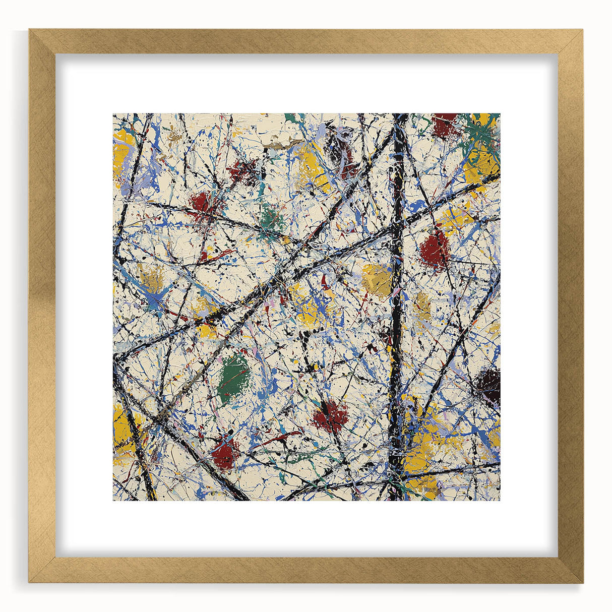 Abstract splatter art frame in gold, showcasing vibrant colors and dynamic patterns, perfect for modern decor. The mat adds depth, enhancing its visual appeal.