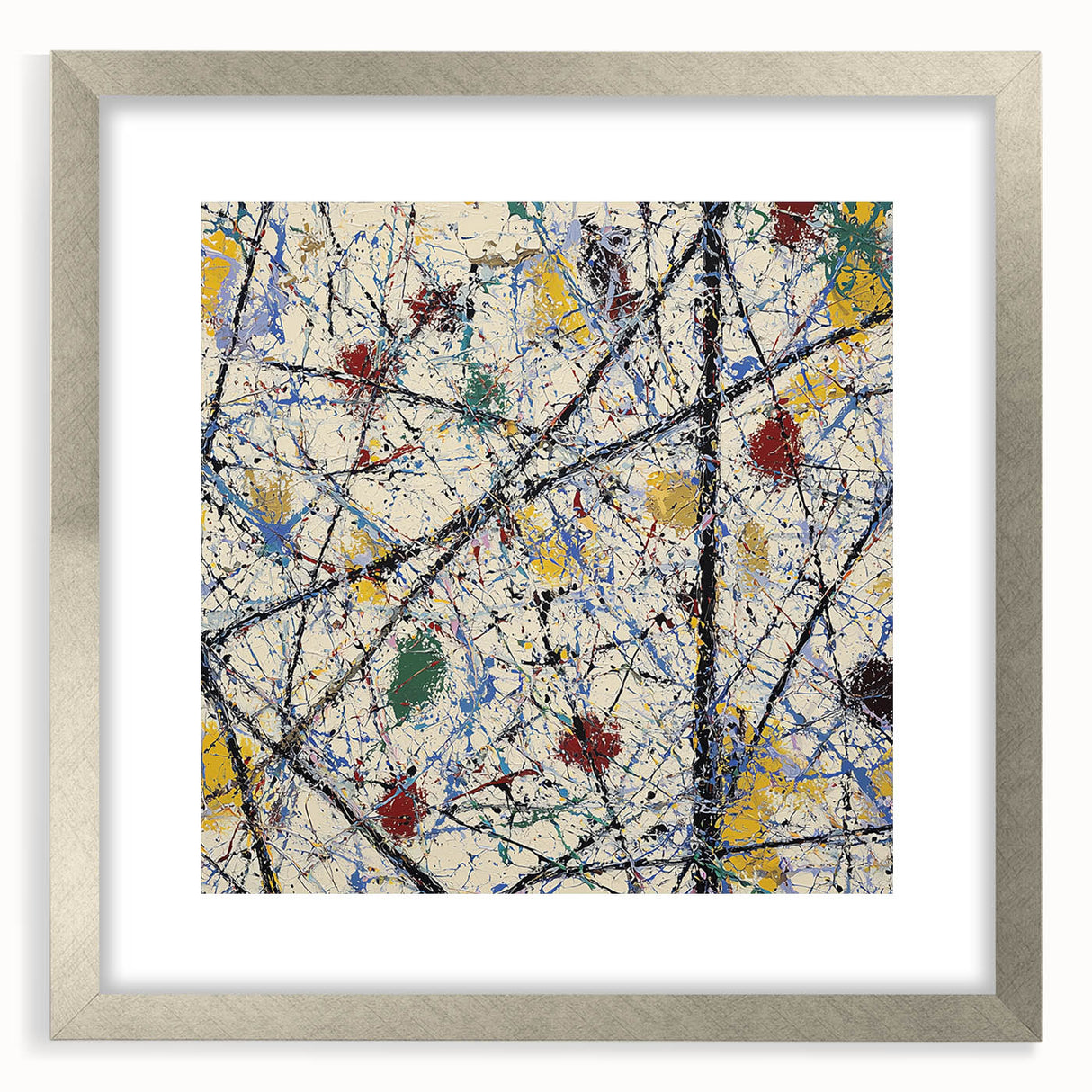 Abstract silver-framed art print showcasing colorful splatter designs within a mat, ideal for modern decor. Perfect for adding a vibrant touch to living spaces.