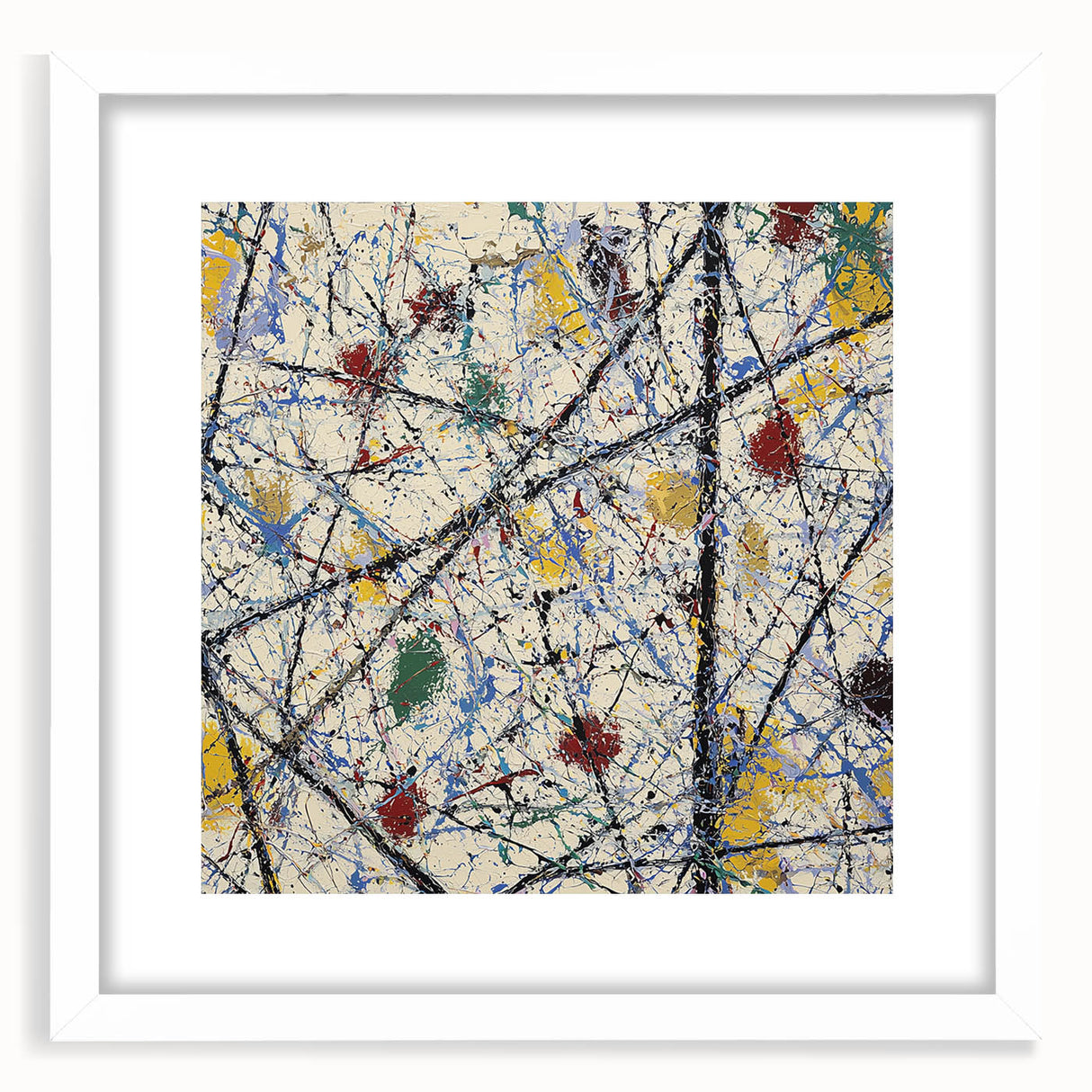 Abstract splatter art frame with a white mat, showcasing vibrant paint splashes in various colors, perfect for modern home decor or gallery display.